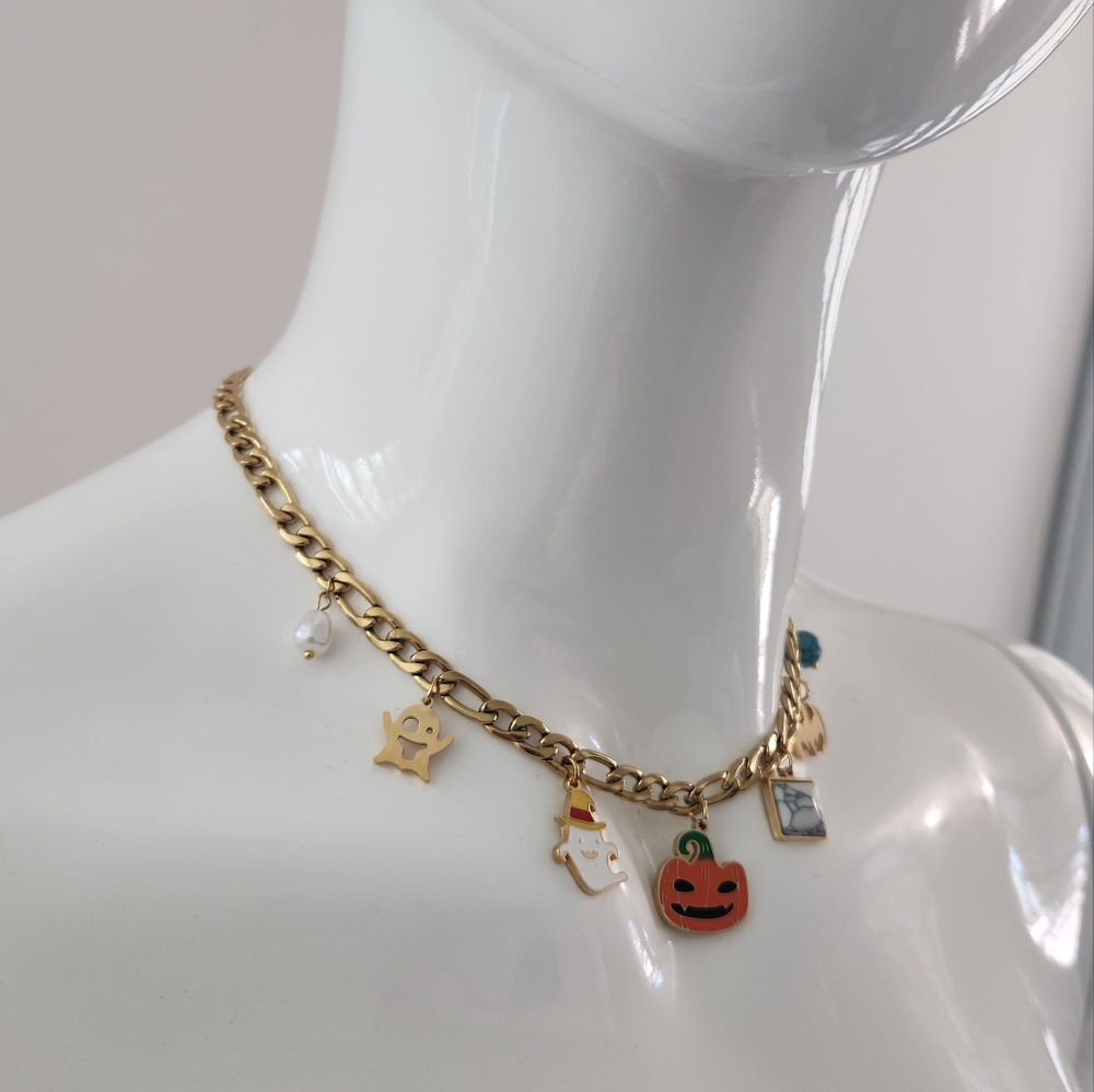 Haunted Whimsy Halloween Gold Chain With Spooky Cute Accents Charm Bracelet - Picture 5 of 11